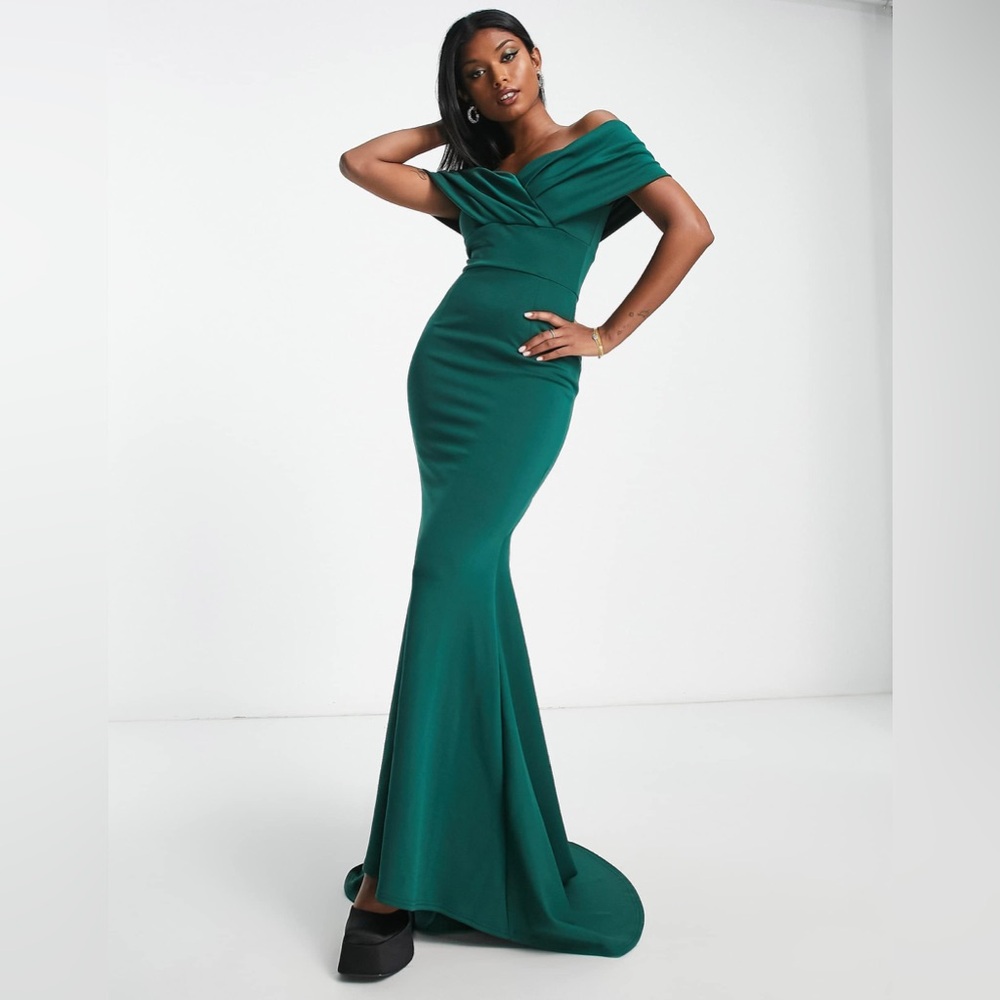 NWT True Violet Black Label off-shoulder fishtail maxi dress in emerald size 10